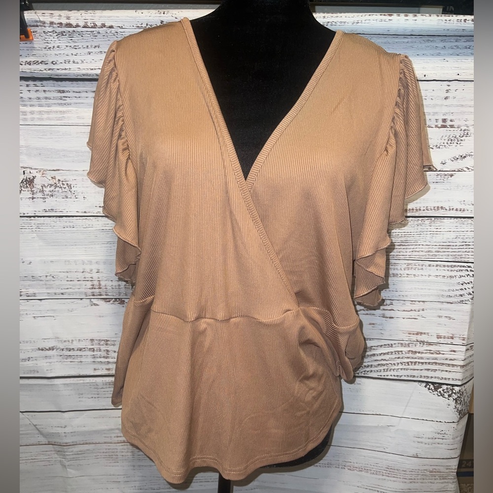 Shein Plus Rib Knit Surplice Ruffle Hem Tee - Picture 2 of 6